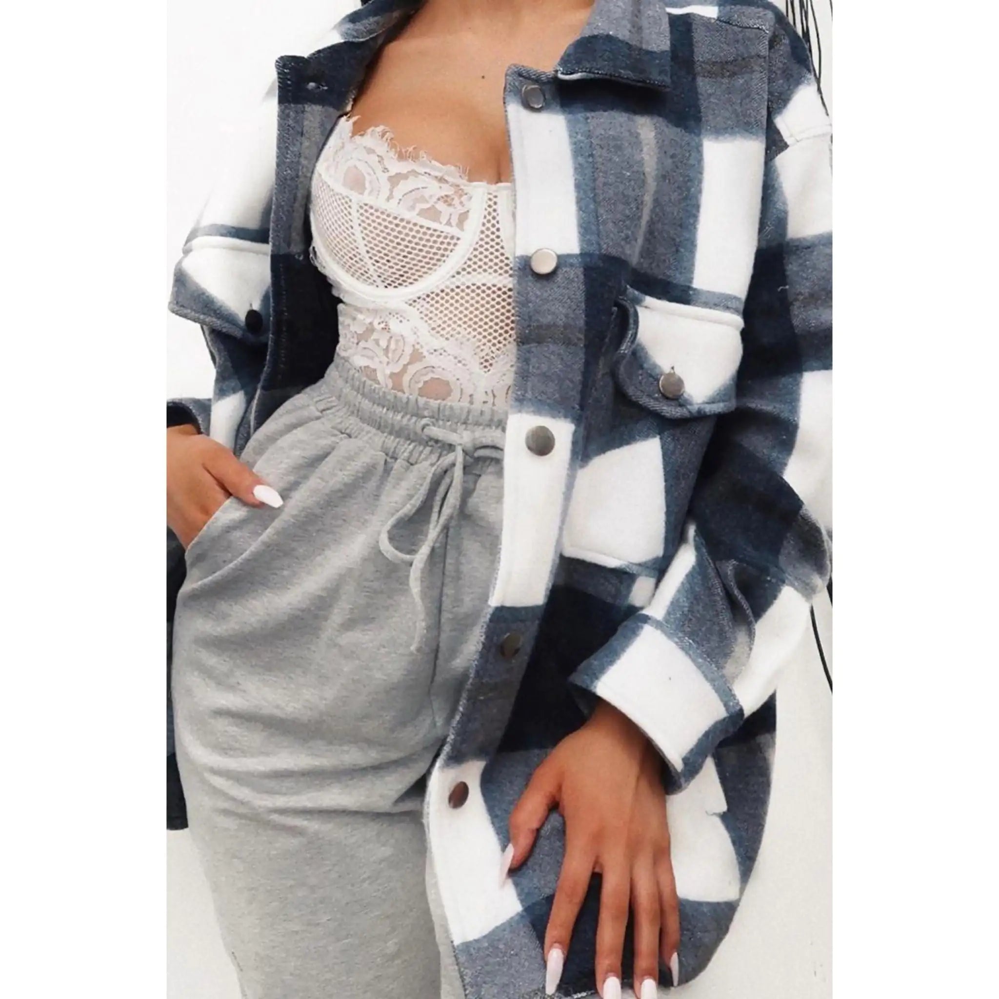 Navy Blue Checked Shacket Womens - Lux Buy