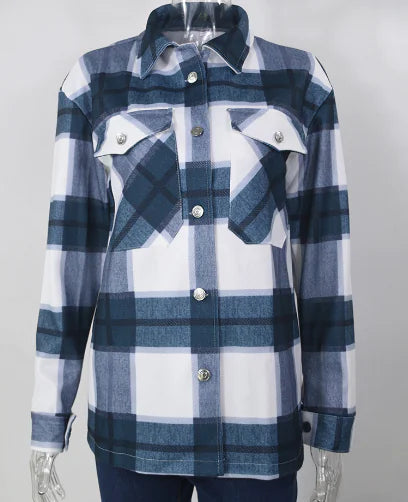 Navy Blue Checked Shacket Womens - Lux Buy